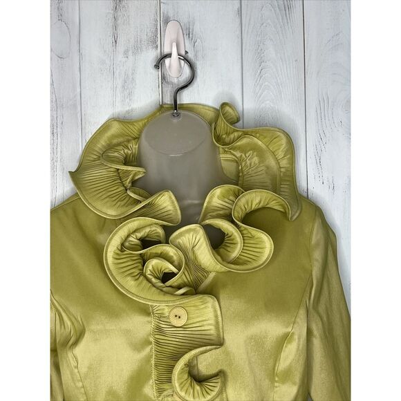 SAMUEL DONG LIME GREEN CHARTREUSE BUTTON UP WIRED RUFFLE COLLAR STRETCH SHIRT S - Picture 3 of 15